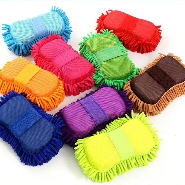 Silvery green rectangular car wash sponge made of chenille microfiber, measuring 14cm by 25cm.