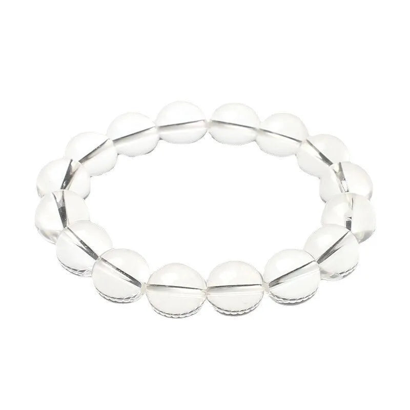 Natural Donghai old materials white water round bead crystal bracelet showing single circle design.