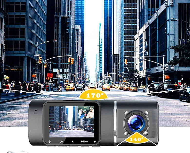 Black dual-channel car dash camera with 1.5-inch screen mounted behind rear-view mirror