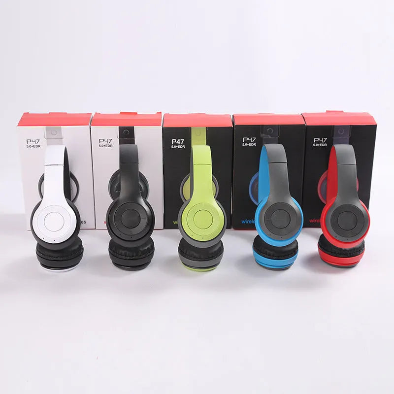Stereo P47 folding Bluetooth headset in black with over-ear PU ear cups and metal band