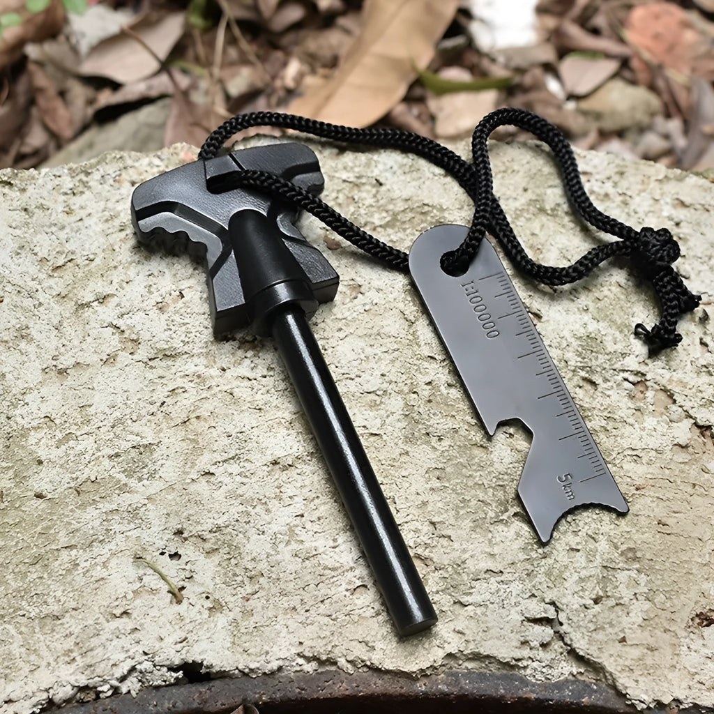 Butterfly-shaped point firestone survival tool with stainless steel bottle opener, showing 117mm by 43mm dimensions.