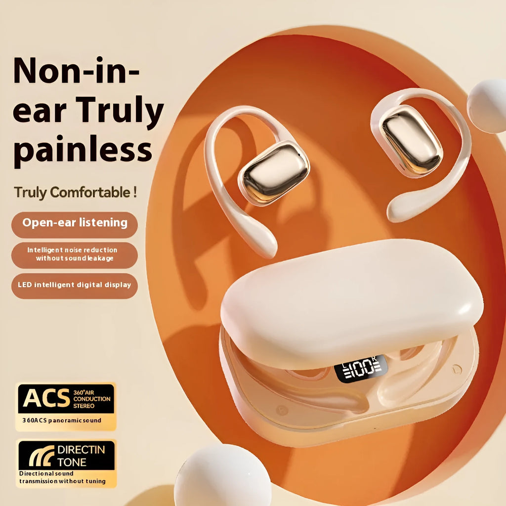 Ear-mounted wireless headphones with digital display screen in black colour option