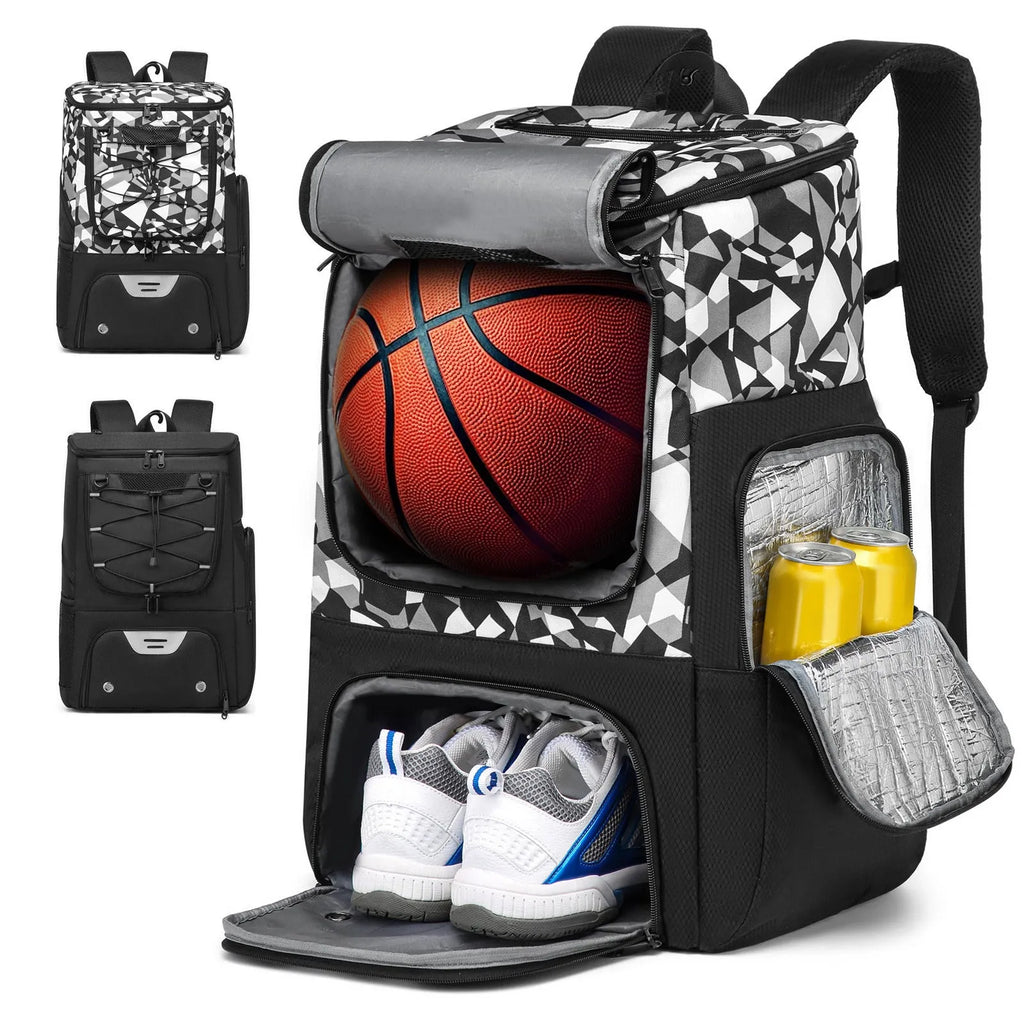 Black Oxford cloth basketball training backpack with large main compartment for sports equipment