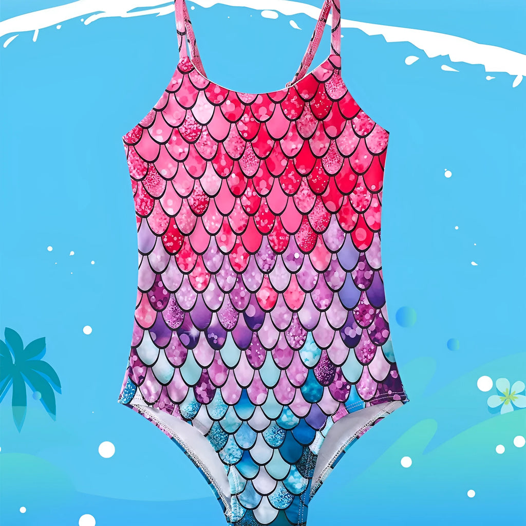 Girls' mermaid one-piece swimsuit in high elasticity polyester on a hanger.