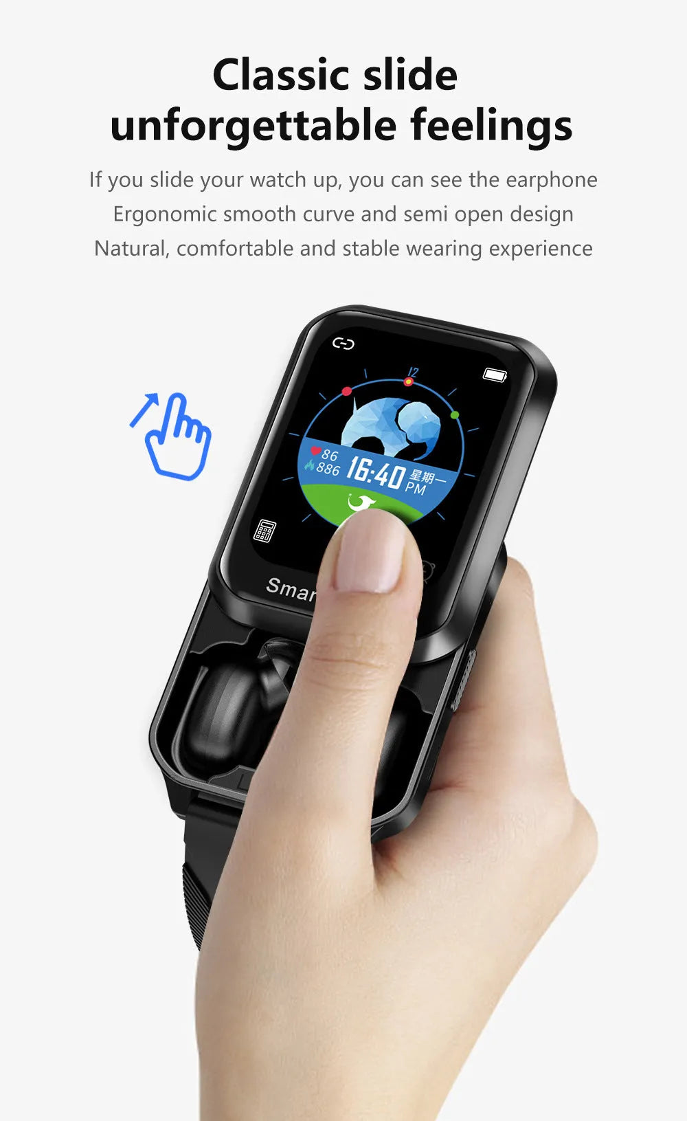 Smart bracelet with split screen display showing notifications, silicone wrist strap in black colour option
