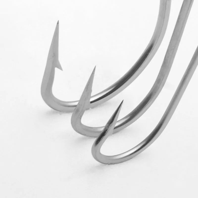 Pack of stainless steel alloy sea fishing hooks for ocean boat fishing, showing multiple hook styles.