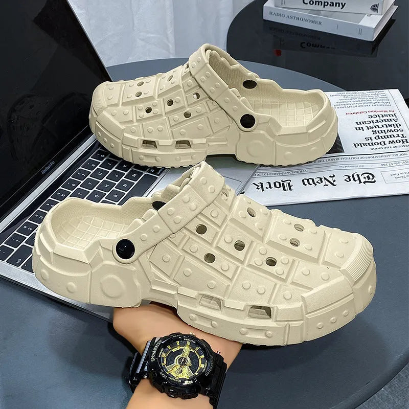 Men's sand-coloured EVA slippers with thick sole and non-slip pattern, shown in toe holder design.
