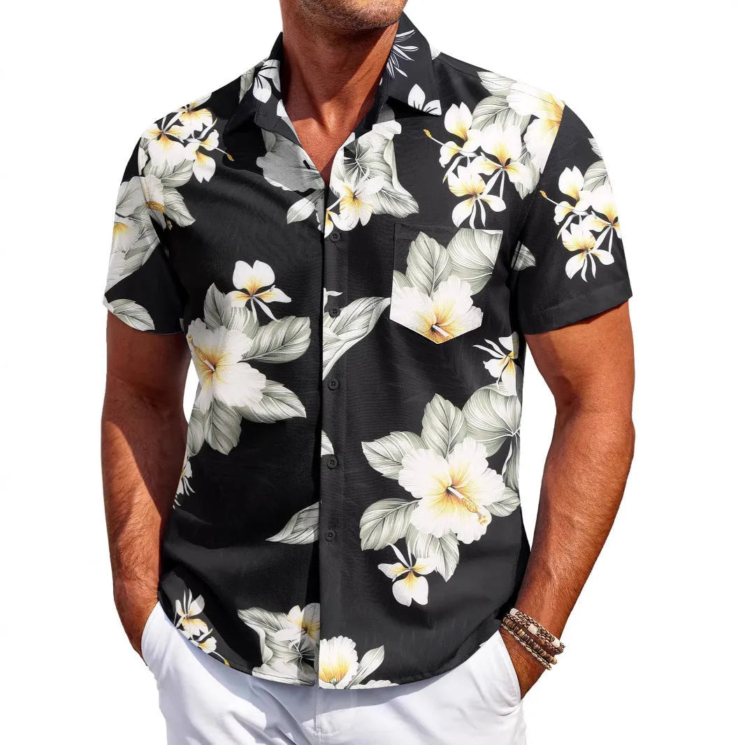 Man wearing a slim fit Hawaiian pattern short sleeve shirt in a cardigan style.