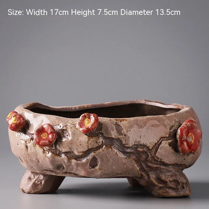 Handmade ceramic combination flower pot with hand-painted pastoral design for succulents
