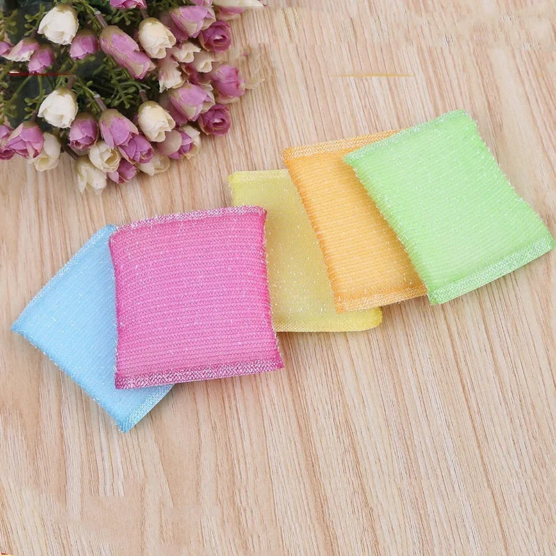 Pinstripe fabric dishwashing sponge mop in mixed macaron colours on a kitchen counter.