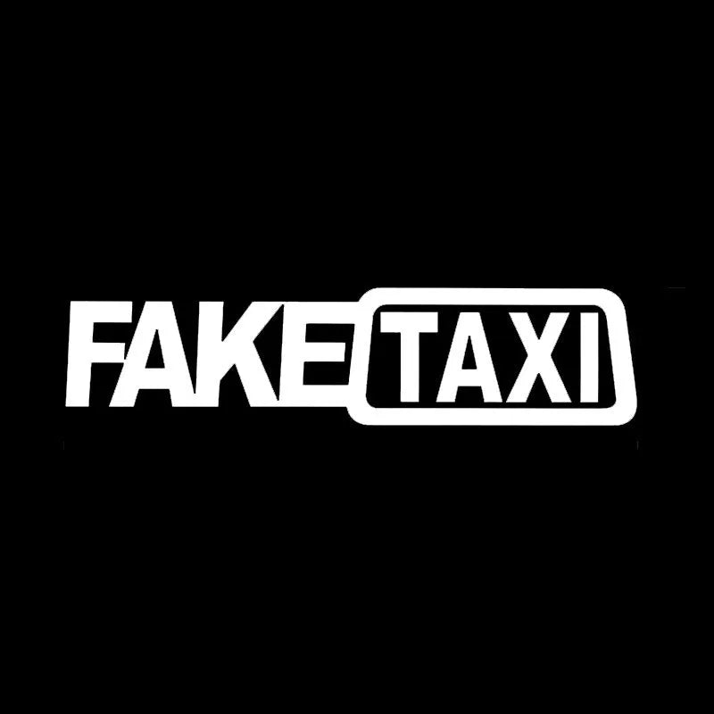 Yellow 'FAKE TAXI' waterproof PET car warning sticker measuring 20cm by 8cm.