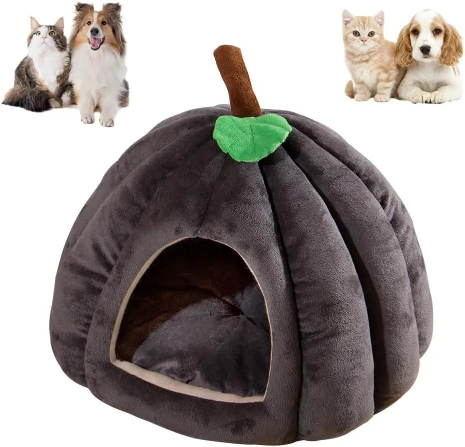 Pumpkin-shaped cat bed in blue with semi-enclosed cave design and removable interior mat