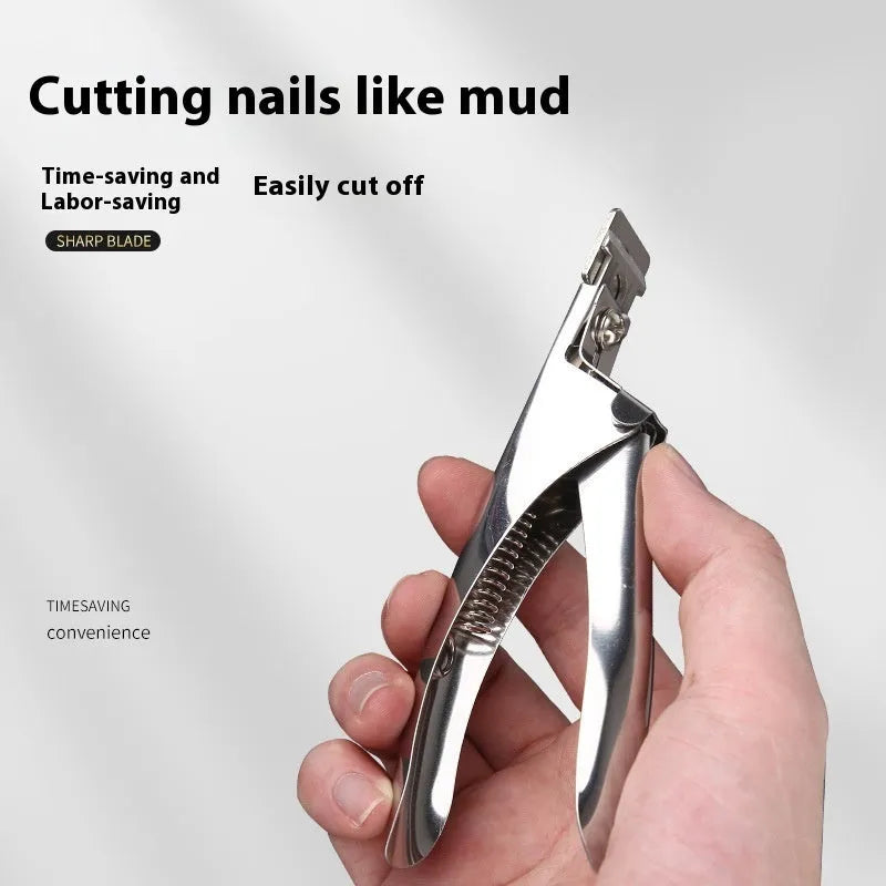 Stainless steel nail scissors with French U-shaped blades for nail art, shown in black, titanium, or silver finishes.