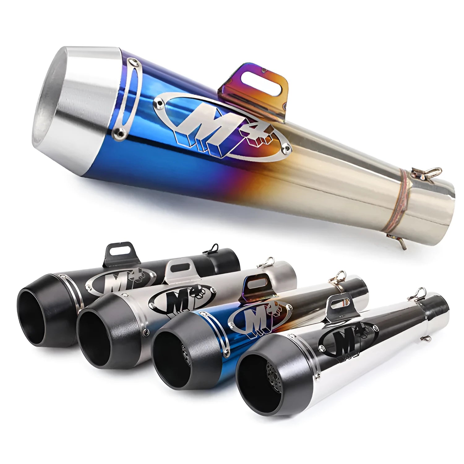 M4 universal motorcycle exhaust pipe in black, titanium, and blue finishes shown on a large displacement bike.
