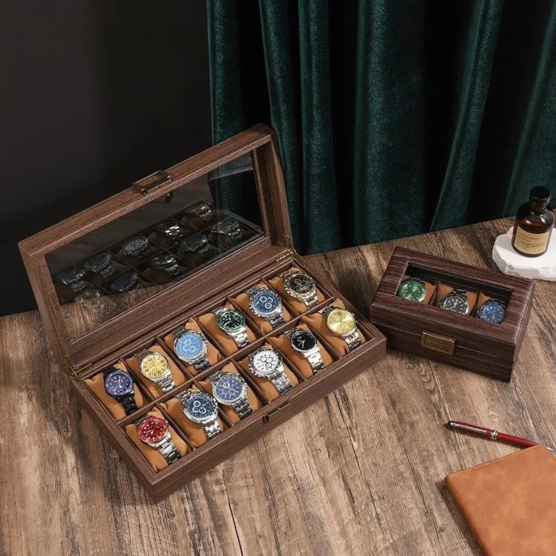 Wood grain leather 2-watch box with soft pillow and glass lid MDF shell
