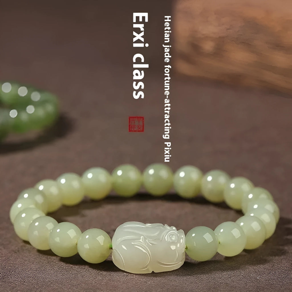 Grey Hetian jade ethnic bracelet with polished beads in 6mm, 8mm, and 10mm size options
