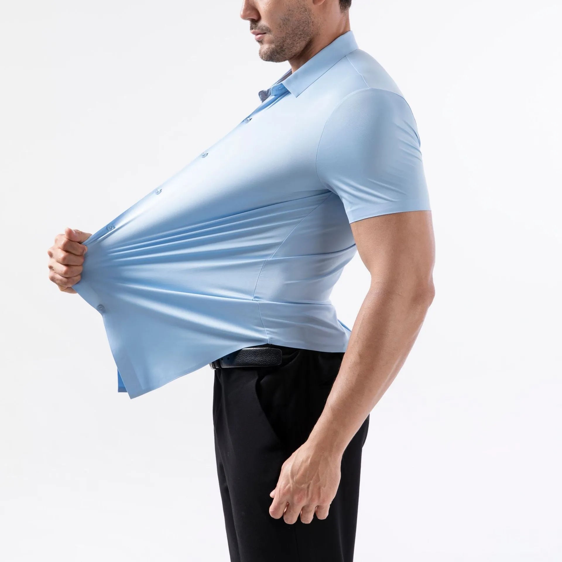 Men's short sleeve shirt in elastic fabric with cardigan style and multiple colour options