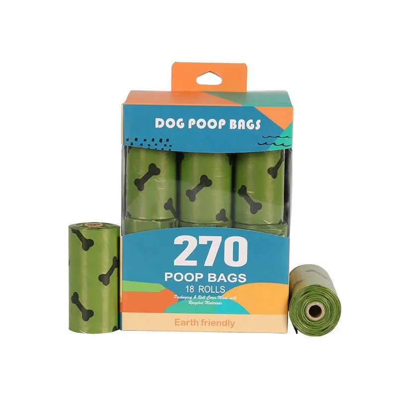 Roll of military green degradable dog poop bags with black bone print, showing bag size of 23x33cm.