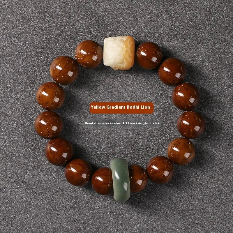 Hand-woven 13mm round bead bracelet with artistic lion designs in ivory nut, sandalwood or yellow gradient bodhi colours