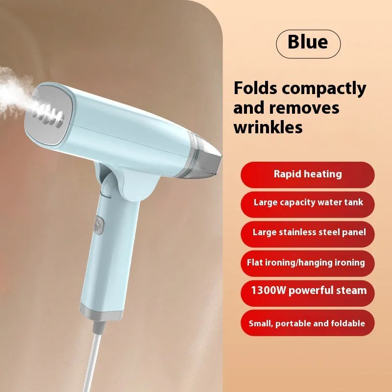 Blue and white handheld garment steamer with 1300W power rating and 85ml water tank