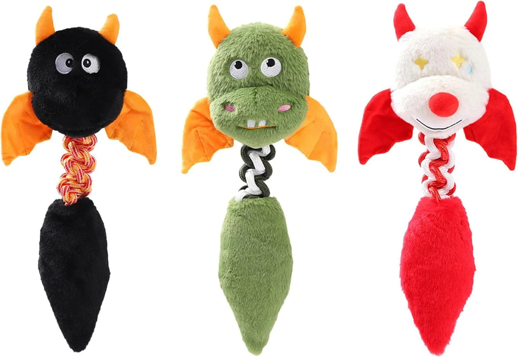 Large black plush dog toy with cartoon design, featuring a squeaker, rattle, and an elastic rope knot for chewing.