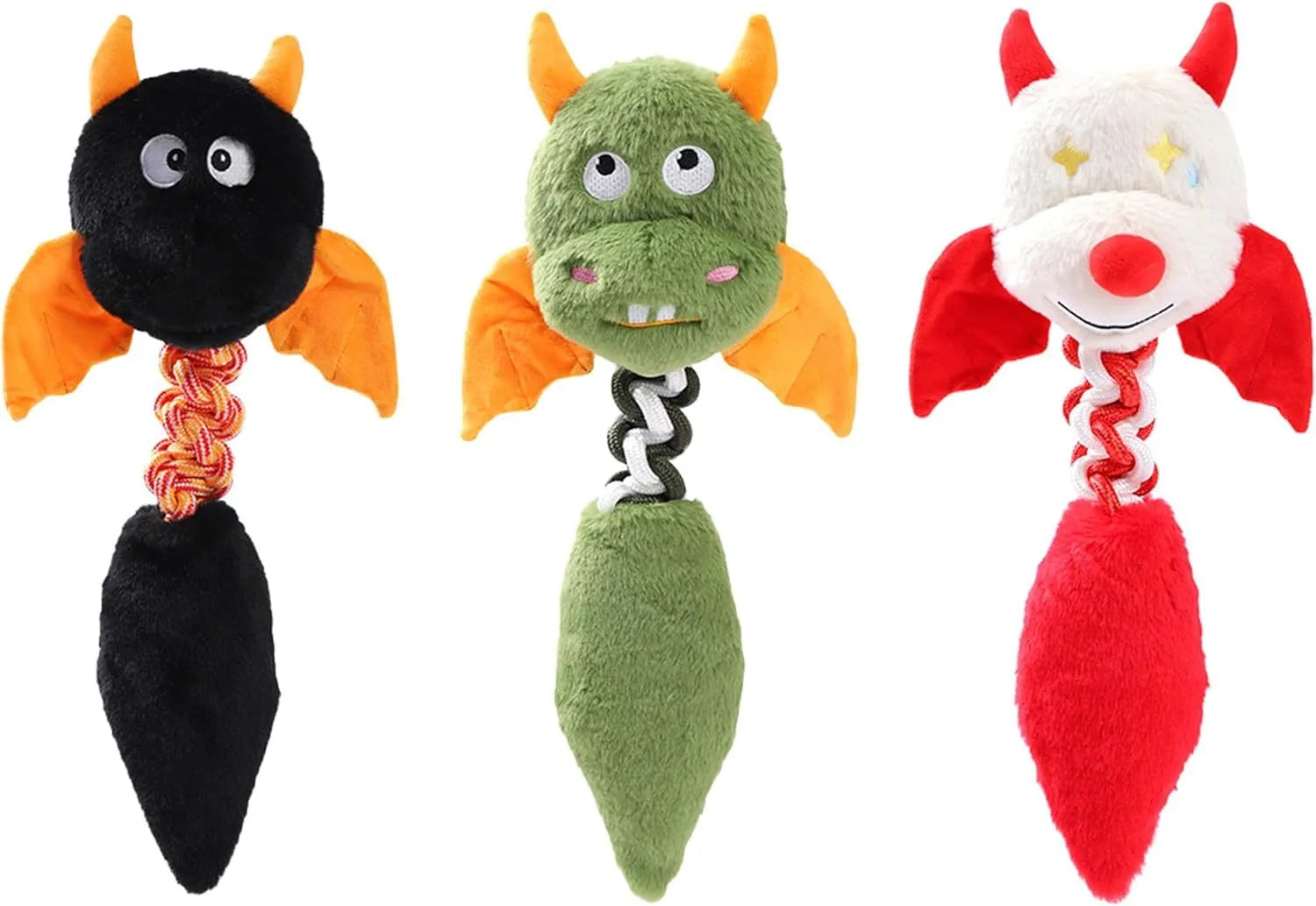 Large black plush dog toy with cartoon design, featuring a squeaker, rattle, and an elastic rope knot for chewing.