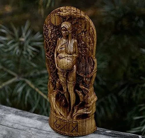 A detailed synthetic resin statue of a Greek goddess, 22cm tall, shown in a garden setting.