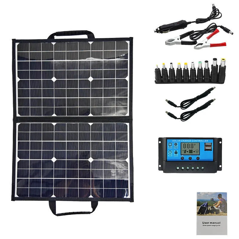 Black foldable solar panel bag showing its compact size and textured solar cell surface.