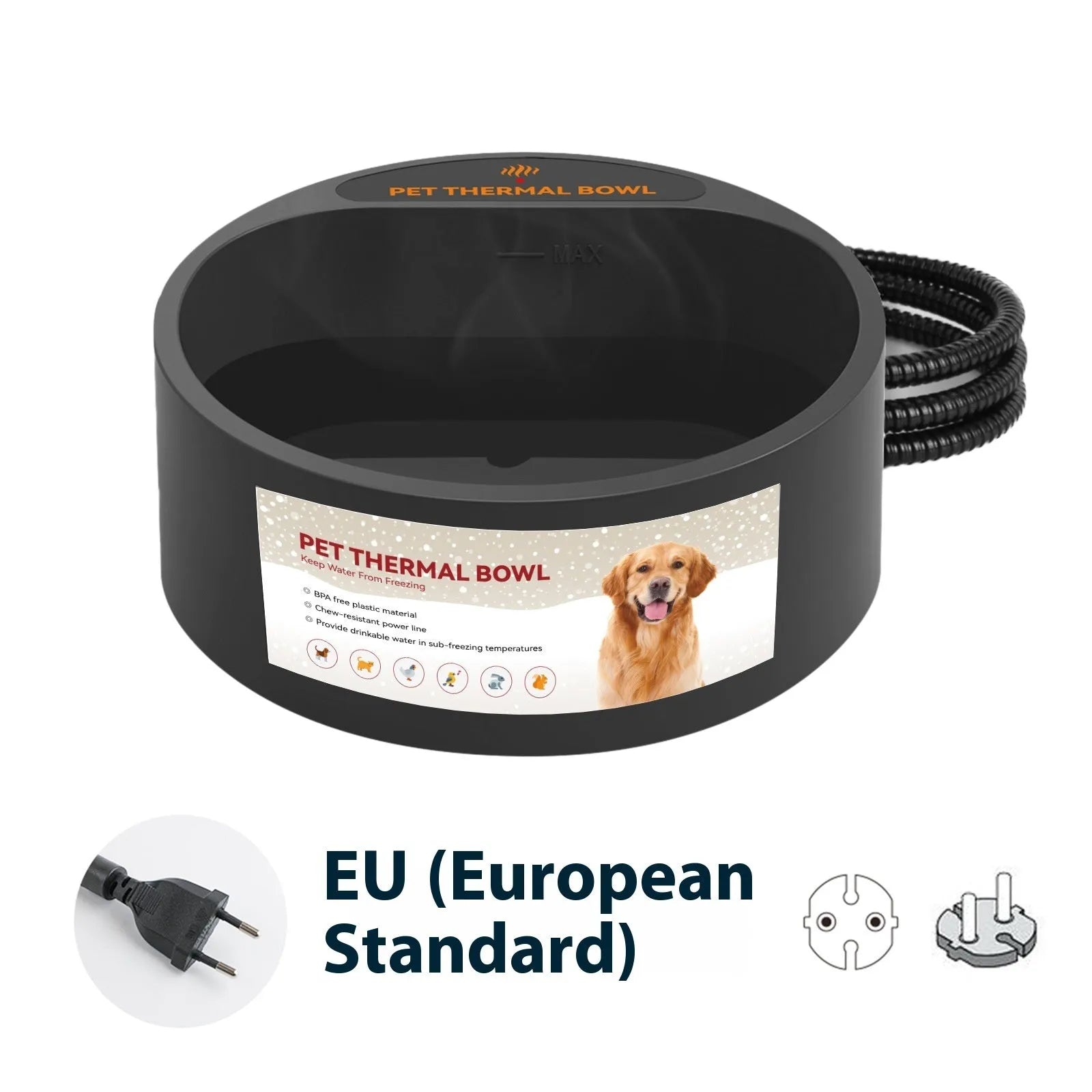 Black ABS heated pet bowl for cats and dogs with constant temperature warming feature.