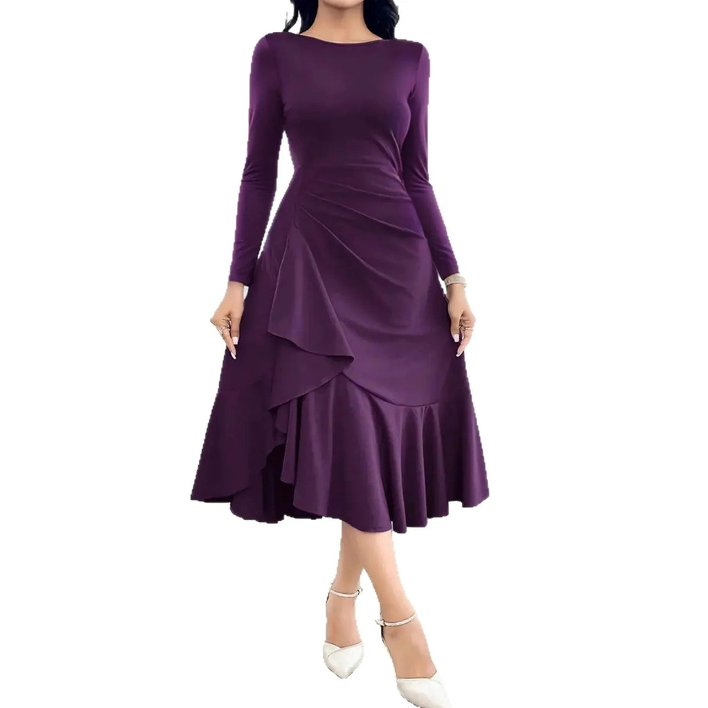 Purple women's long sleeve dress with ruffle detail and a round neck.