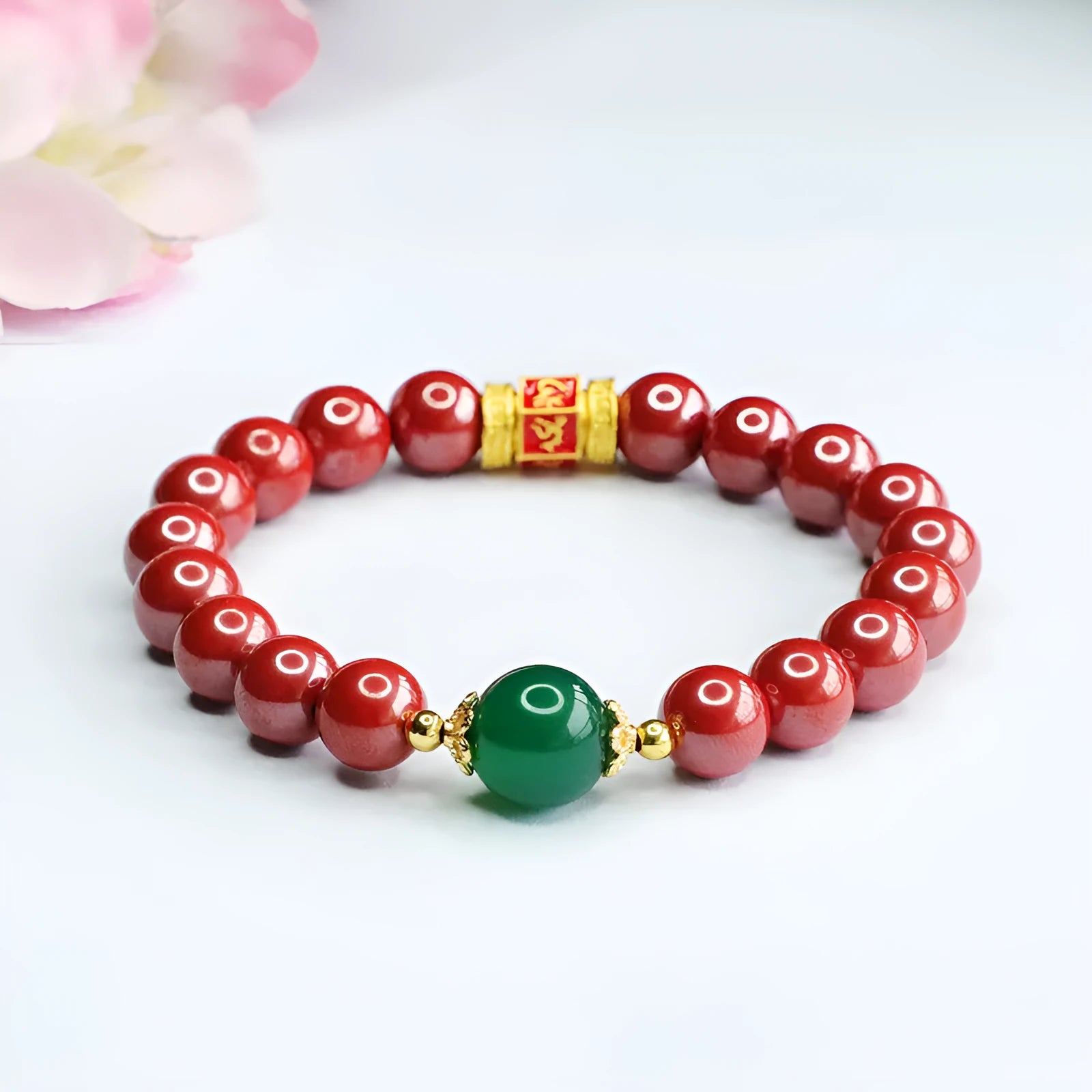 Emperor sandstone cinnabar bracelet with six-word Buddhist motto on adjustable band