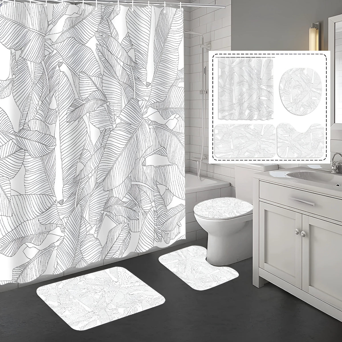 Printed polyester shower curtain and anti-slip mat set in 25 colours, with sizes from 90cm x 180cm to 180cm x 200cm