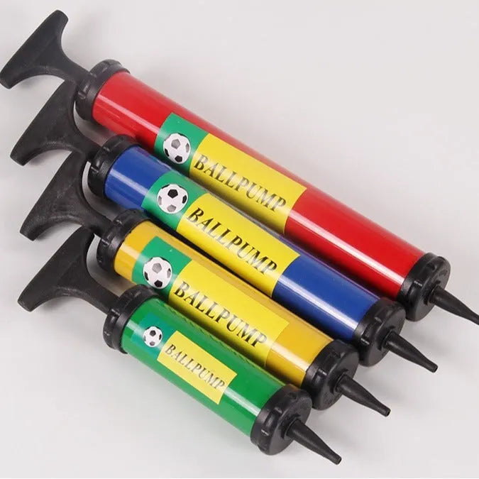 Mixed colour plastic manual hand pump for inflating basketballs, volleyballs, footballs, and balloons.