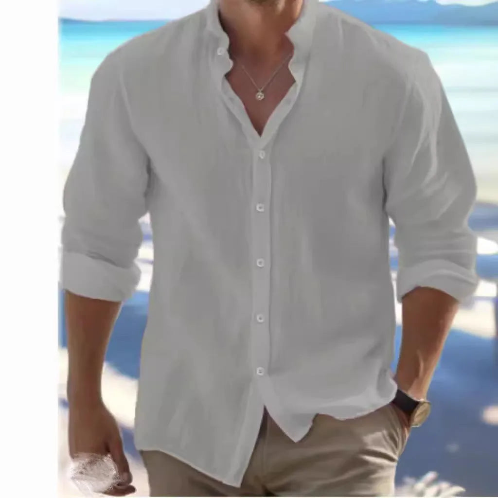 Men's light grey long-staple cotton pullover shirt with casual collage stitching detail.