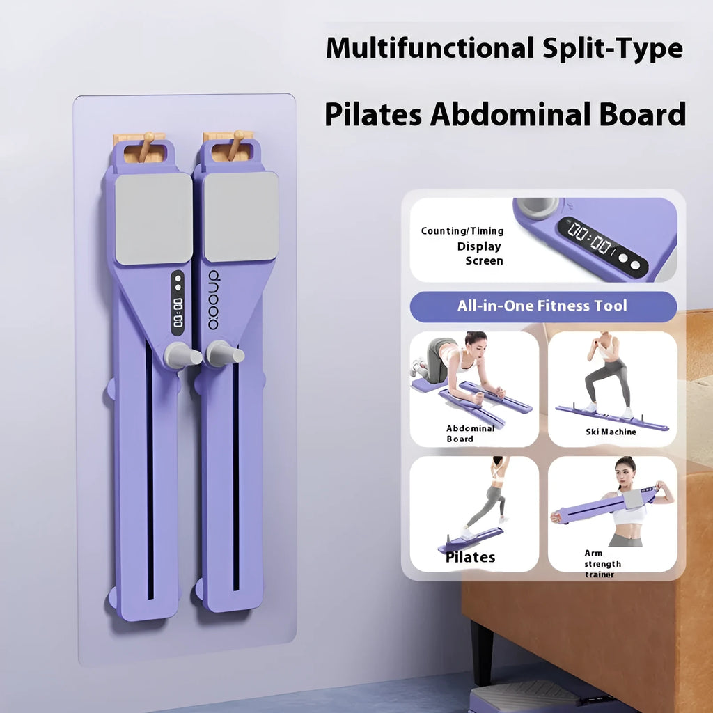Twilight purple split multifunctional skiing machine trainer on a floor, showing the 85cm long PP plastic board with independent moving sections.