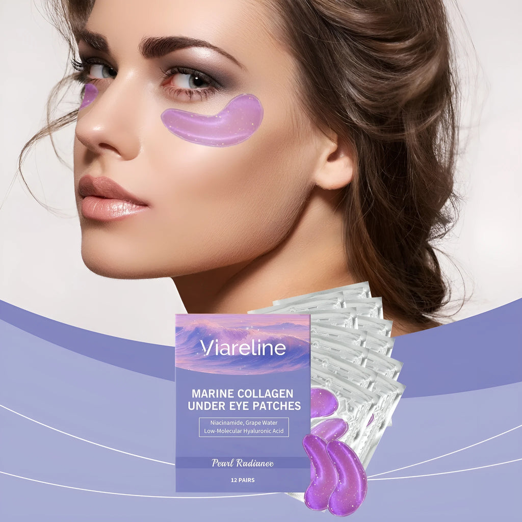 Pack of 12 collagen and hyaluronic acid moisturising eye masks for under-eye care.