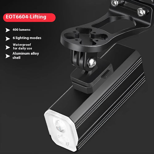 Aluminium alloy mountain bike light with silicone mount showing 400 lumen output and USB-C port