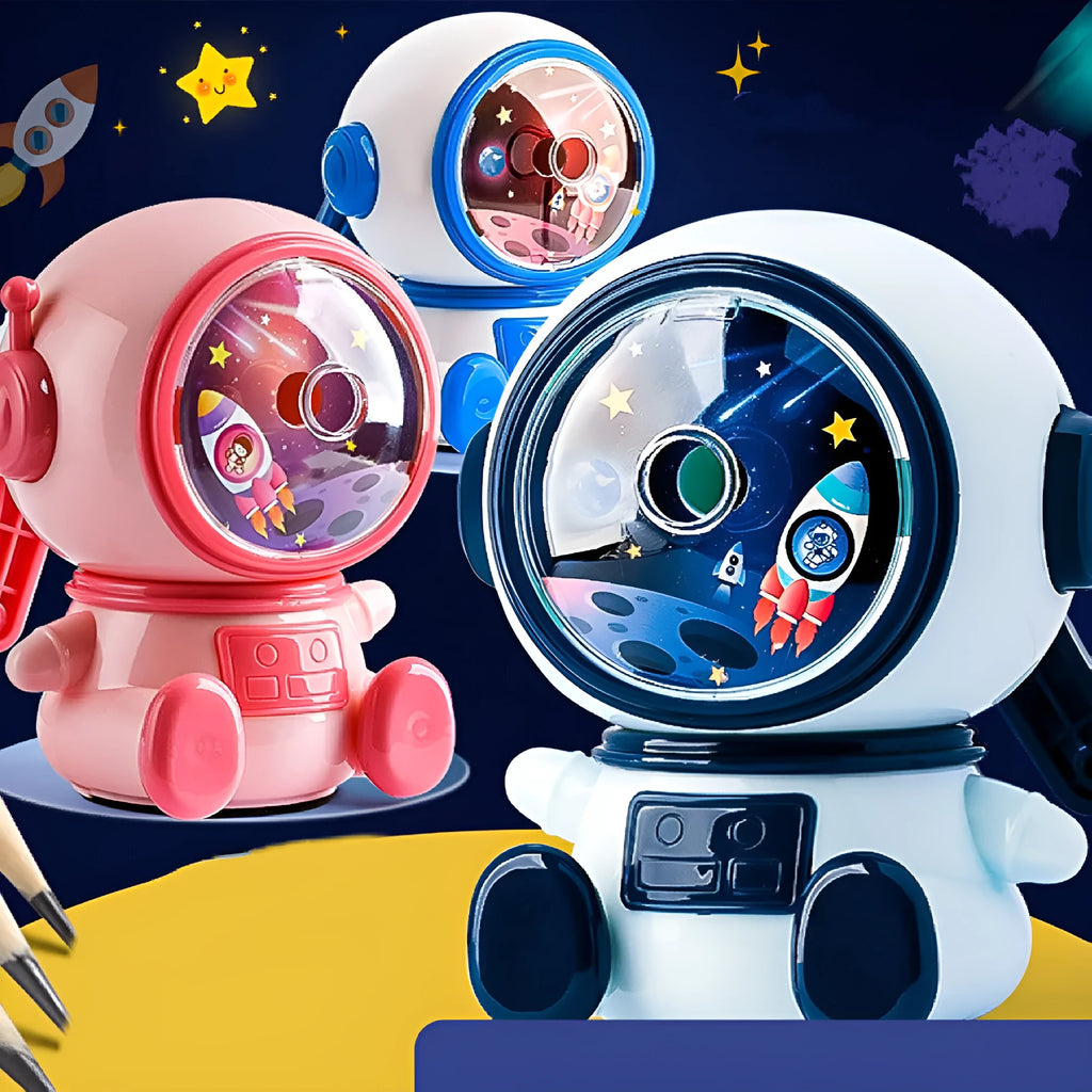 Astronaut-themed manual pencil sharpener with anti-jam mechanism for 2mm leads in blue or pink colour