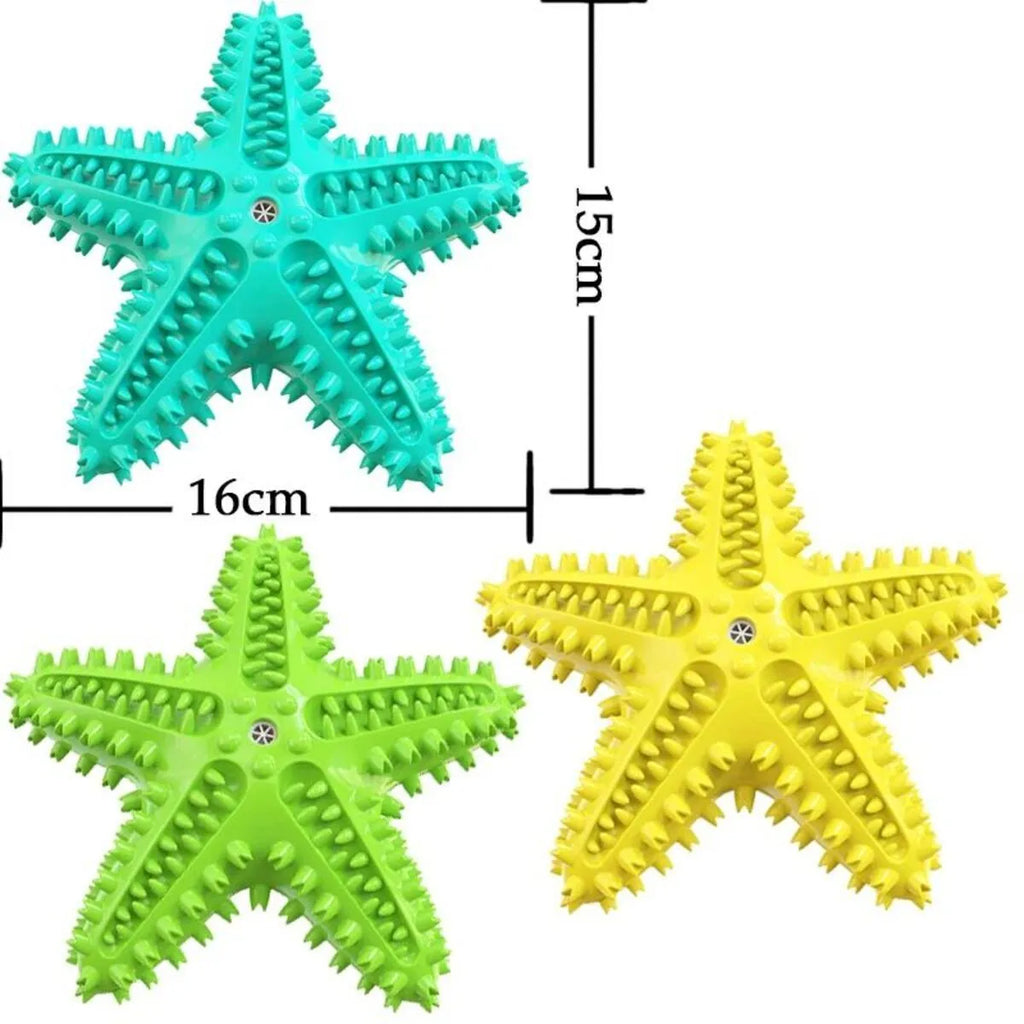 Edible TPR starfish dog toy with squeaker for tooth cleaning in blue, green and yellow colours