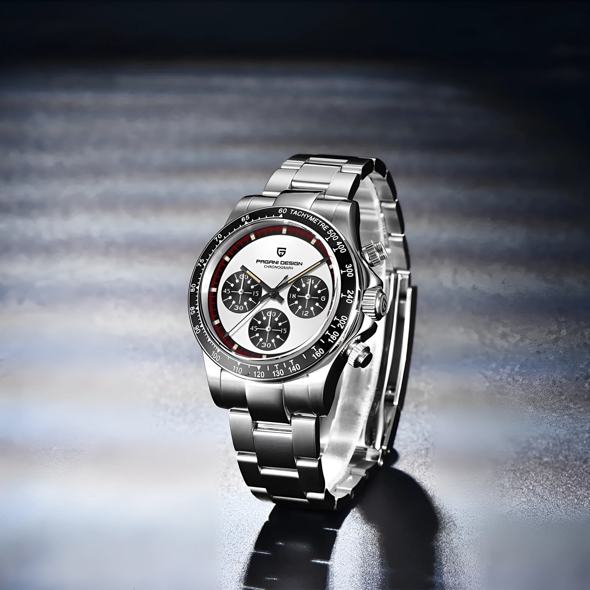 Berjani men's stainless steel chronograph watch with black dial and metal bracelet.