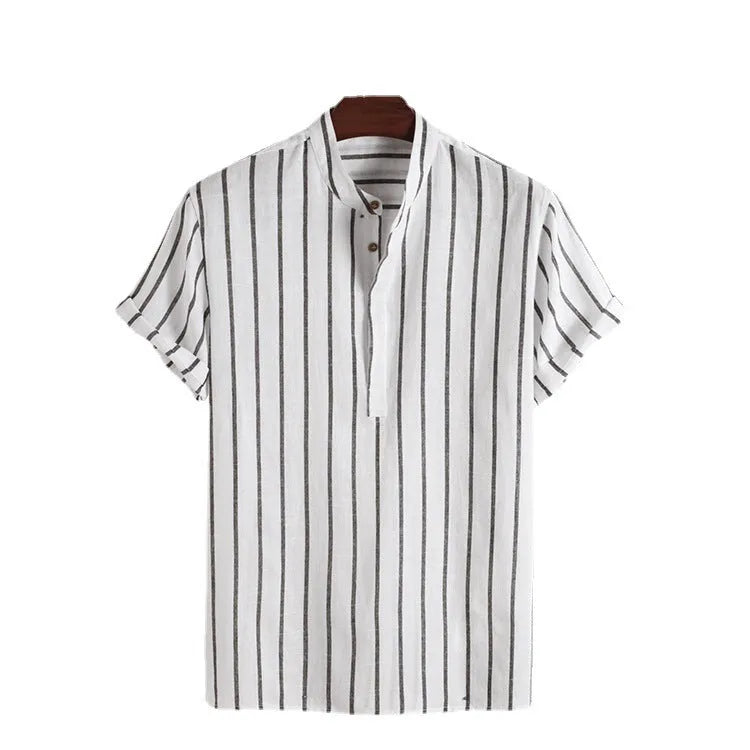 Fashion striped casual men's shirt short sleeve cotton pullover in white, red, gray, blue