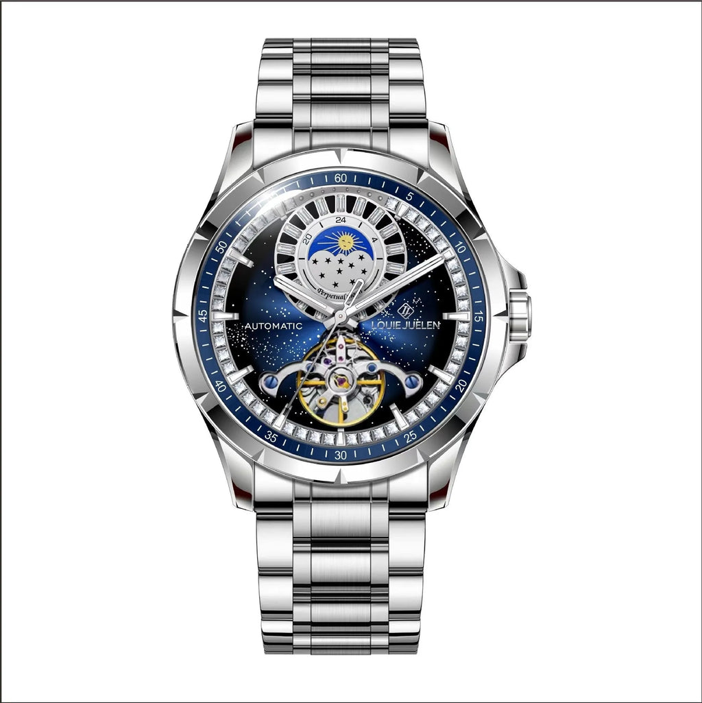 Silver men's automatic watch with a blue dial and stainless steel strap on a wrist