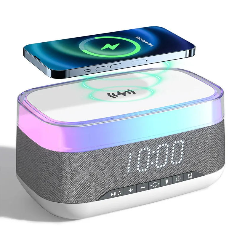 White multifunctional alarm clock with Bluetooth speaker, wireless charging pad, and night light.