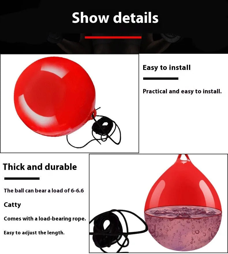 Red water-filled PVC boxing reaction ball with hook rope sling for combat sports training