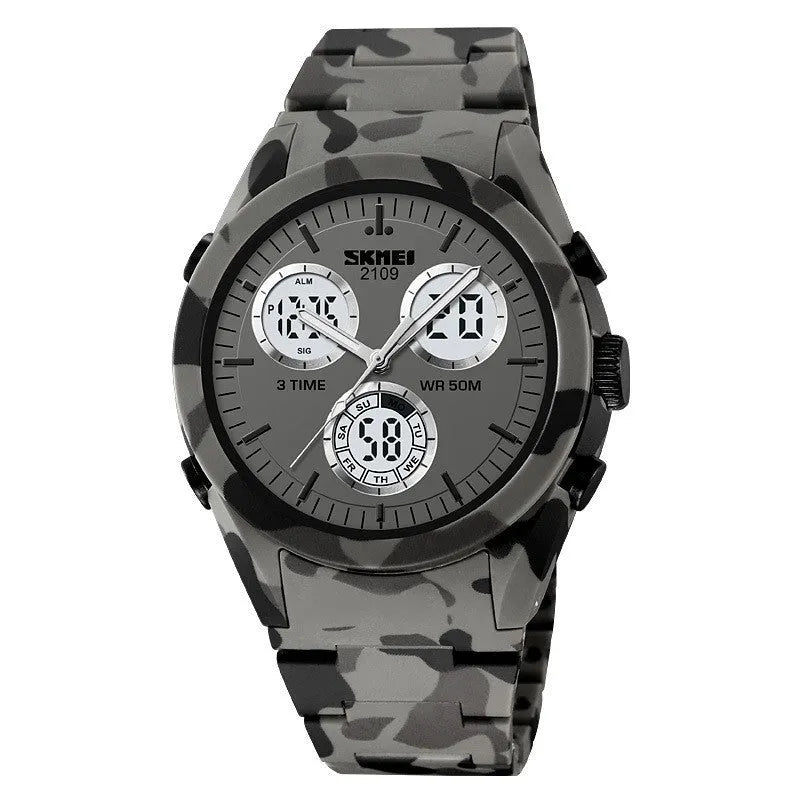 Unisex digital watch with camouflage strap, resin lens, and stainless steel button on a wrist.