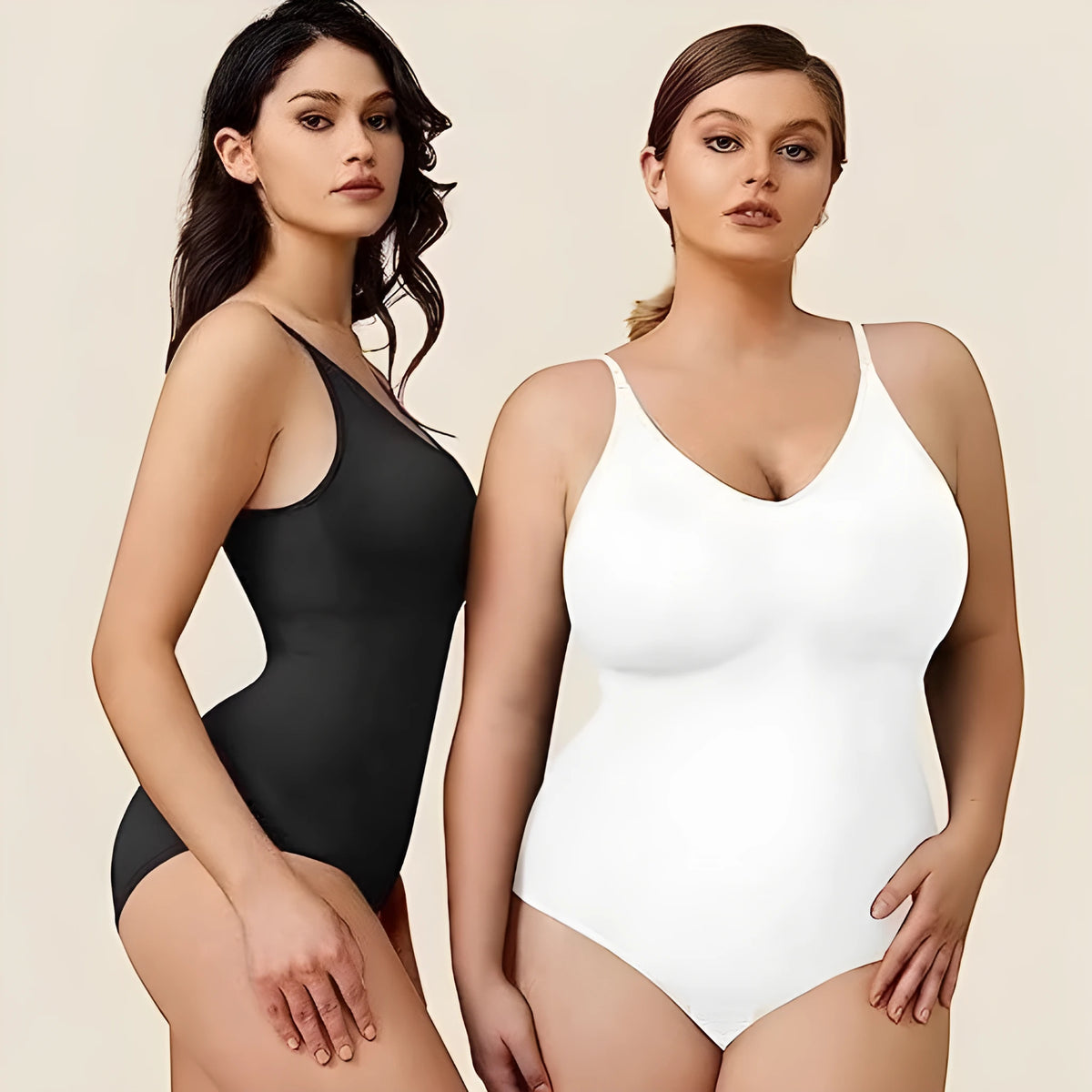 Plus size seamless nylon body shaping jumpsuit with adjustable straps in skin colour, front view