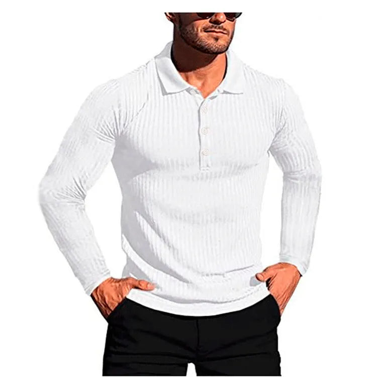 Man wearing a loose-fit black and white striped short-sleeve shirt made from stretchy polyester knit fabric.