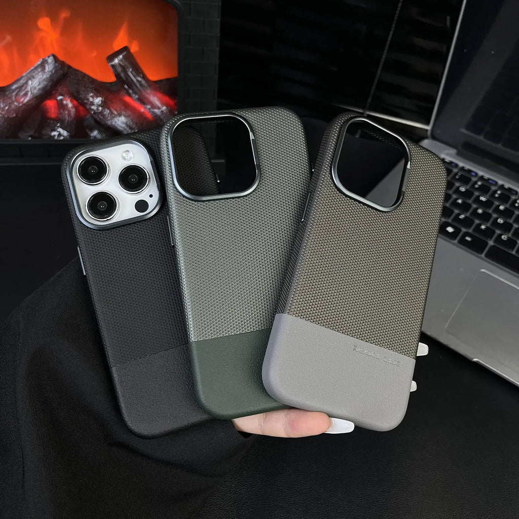 Black magnetic iPhone case with dragon scale texture and leather-style stitching, shown on an iPhone 15 Pro Max.