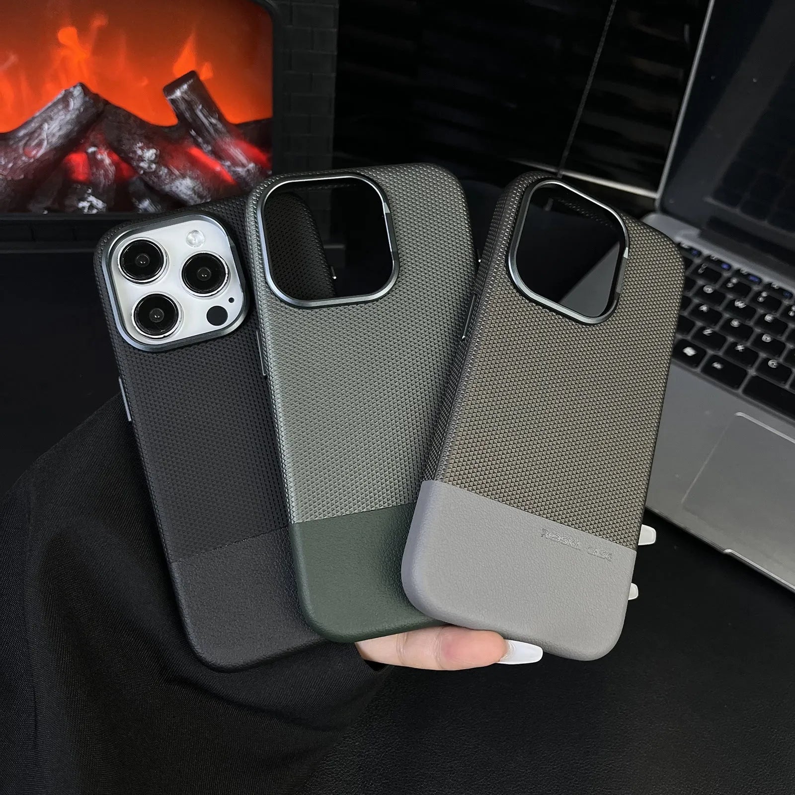 Black magnetic iPhone case with dragon scale texture and leather-style stitching, shown on an iPhone 15 Pro Max.