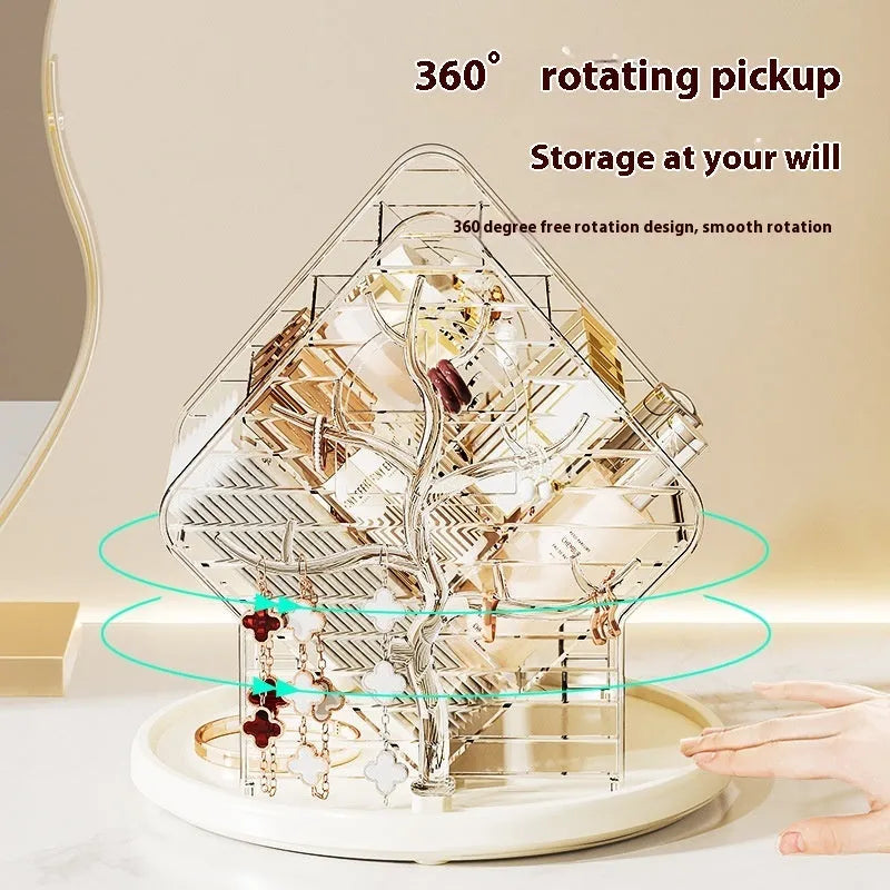 Clear and amber gold rotating plastic cosmetics storage box organiser on a table.